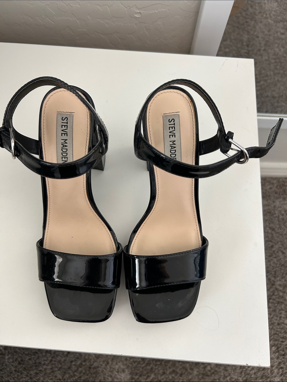 Steve Madden Black Patent Ankle-Strap Block Heel Sandals